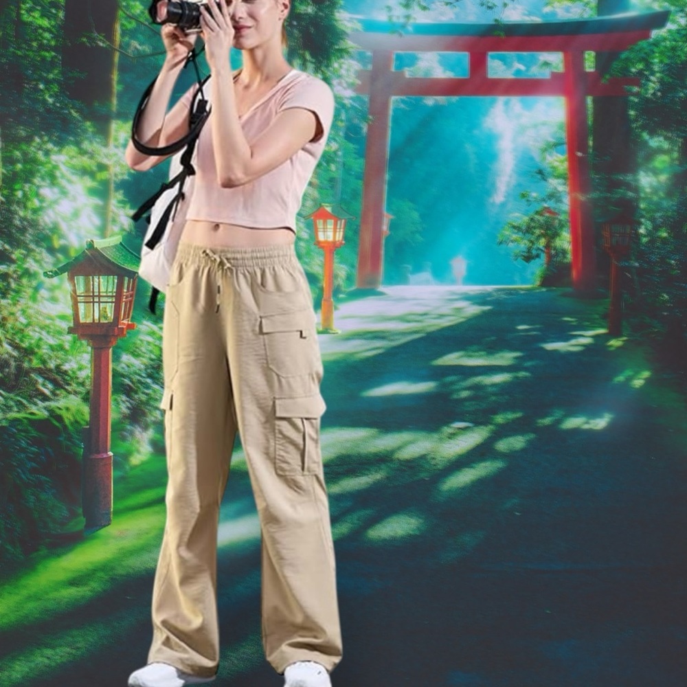 KP SUN Cargo Lightweight Pull On Casual Utility Pants. Khaki. Size: Medium